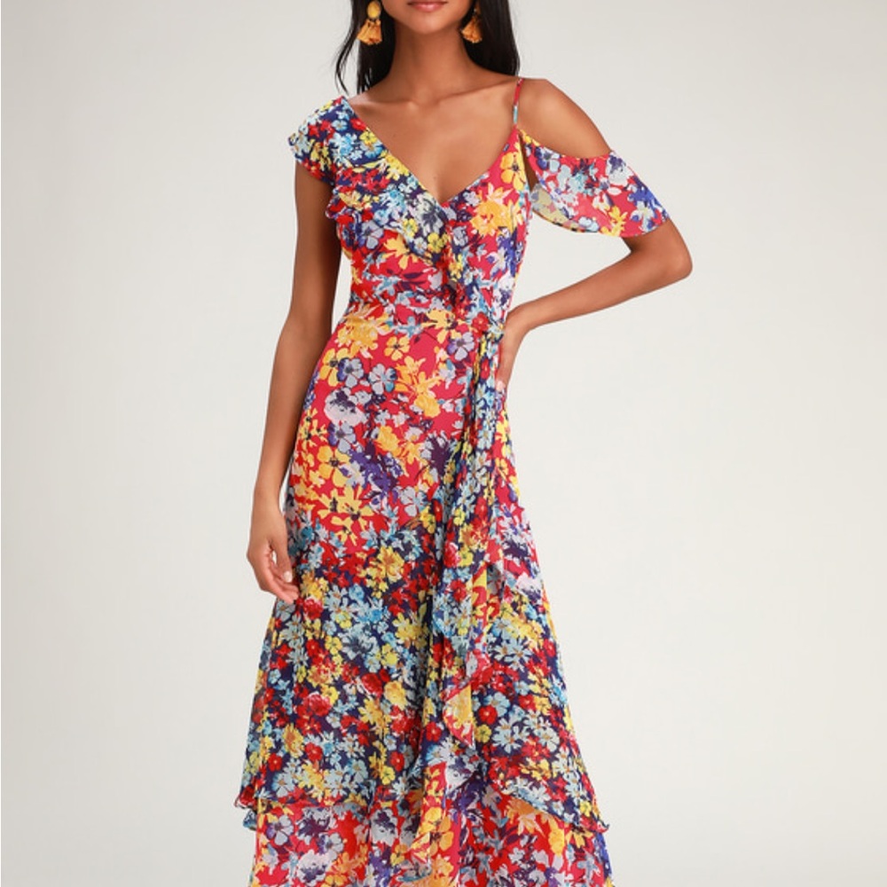 Lulu's Pink and Orange Cold Shoulder Wrap Dress